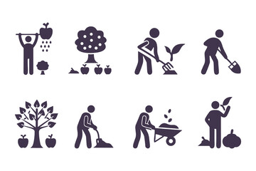Set of gardening icons with people planting, watering, digging, and using tools. vector illustration for garden, farming, and landscaping.