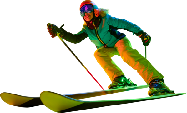 Aggressive turn by downhill skier wearing sleek gear and helmet, leaning into slope with extended poles and sharp posture. Concept of sporting risk and control, physical focus