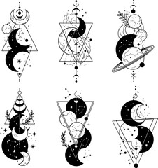 Naklejka premium Celestial Moon and Planet Geometric Tattoo Designs Sacred Geometry Space Art
