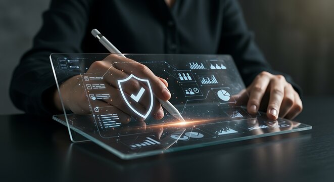 Person using transparent digital tablet showing data security checkmark - Powered by Adobe