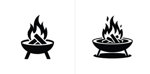 Black and White Icons of Burning Fire Pits for Outdoor Use