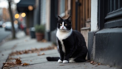 A black and white cat sitting on the sidewalk