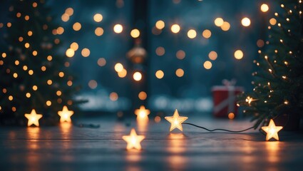 Christmas Light Background with holiday glowing backdrop, blinking stars, blurred bokeh, and empty space for text with Christmas decorations.