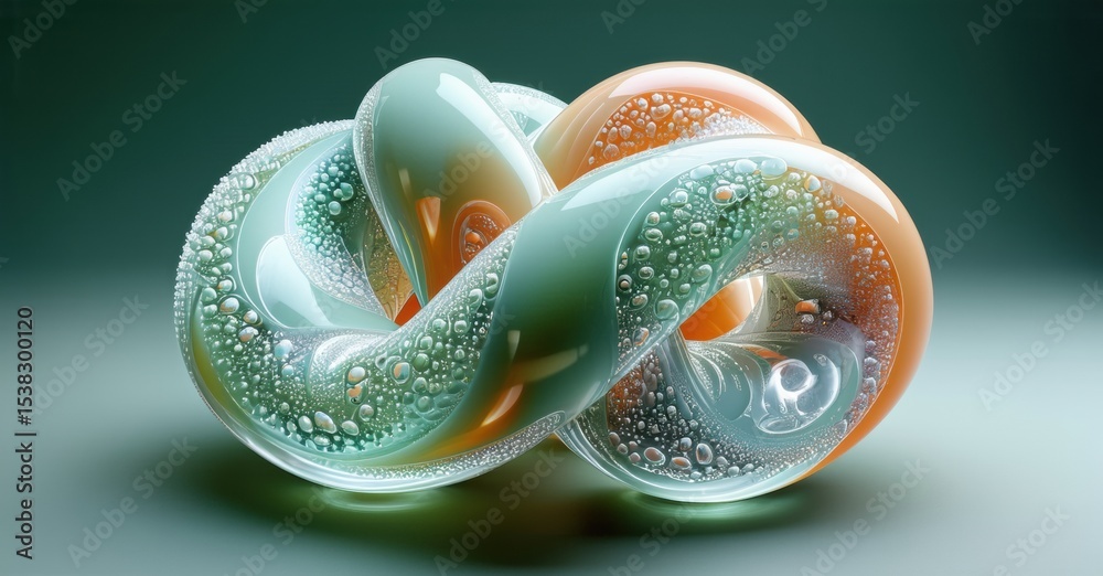 Poster Intricate glass sculpture. Bubbles within twisted forms create luminous, flowing shapes. Soft colors, smooth texture, elegant design.