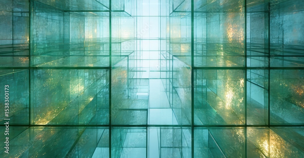 Poster abstract glass structure. geometric shapes create depth, light reflects, forming intriguing visual p
