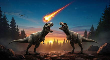Roaring tyrannosaurs witness a fiery meteor plummeting towards the prehistoric forest at sunset