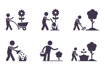 Set of gardening icons with people planting, watering, digging, and using tools. vector illustration for garden, farming, and landscaping.