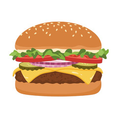 Delicious Cartoon Burger with Fresh Toppings Illustration