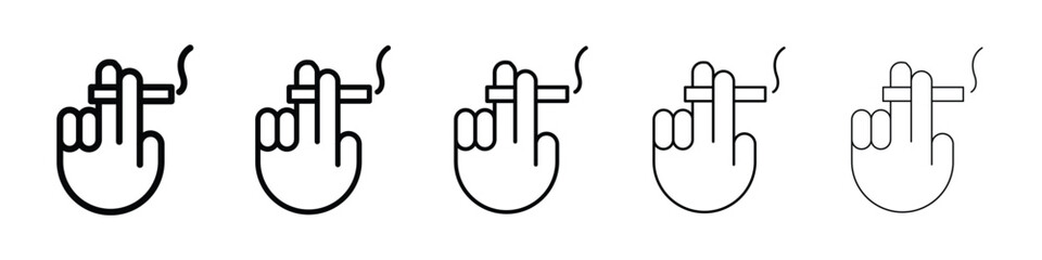 Hand holding cigarette icons in black stroke designs on white background