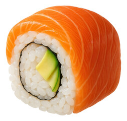 Sushi roll with fresh salmon wrap, filled with rice, avocado, and cucumber, showcasing a detailed and appetizing presentation.