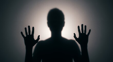 Silhouette Figure Pushing Hands Against Translucent Surface Creates Mystery
