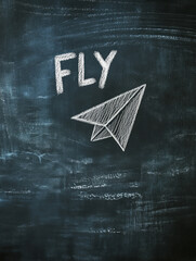 Chalkboard with paper airplane drawing and the word 'Fly'.