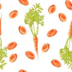 Carrots. Watercolor seamless pattern orange carrots on a white background. Botanical hand drawn food illustration. Hand drawn for kitchen textile design, food packaging, wrapping paper, scrapbooking