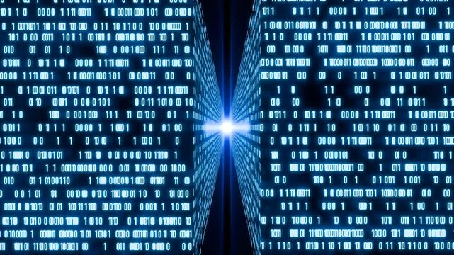 Futuristic binary code, floating zeros and ones, big data. Technology, computer language, digital, virtual reality, data science, system, network. 3D animation