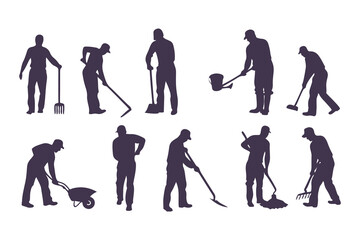 Obraz premium Silhouettes of workers performing outdoor tasks with tools. vector set of people digging, sweeping, raking, spraying, and cleaning.