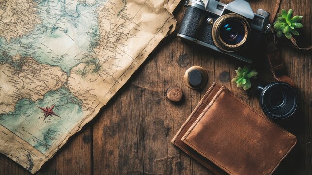 Retro camera, leather wallet, and vintage map on wooden table, showcasing travel planning and adventure concept with copy space