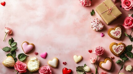 Pink roses, heart-shaped cookies, and gift box arranged on pastel pink background with copy space, perfect for Valentine's Day or romantic concept