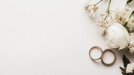 Golden wedding rings and delicate white flowers arranged on white background with ample copy space, perfect for wedding invitation or bridal concept