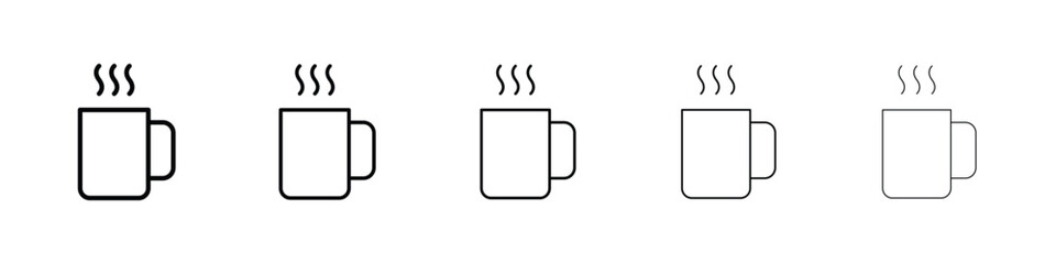 Hot coffee Mug icons in black stroke designs on white background