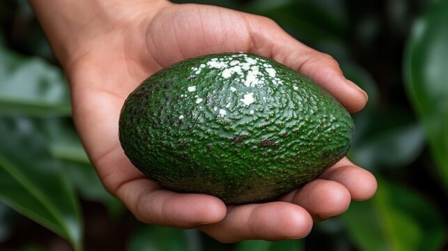 A hand holds a speckled avocado