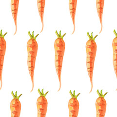 Carrots. Watercolor seamless pattern orange carrots on a white background. Botanical hand drawn food illustration. Hand drawn for kitchen textile design, food packaging, wrapping paper, scrapbooking