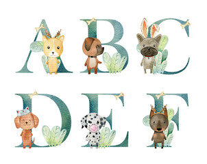 Watercolor dogs letters.