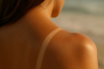 Tanned female back and shoulder with visible bikini tan line on beach background, close-up summer sun exposure concept