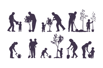 Silhouettes of people gardening. vector set of men and women planting, watering, digging, and taking care of plants and flowers.