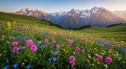 Obraz premium Vibrant Wildflower Meadow with Majestic Mountain Peaks at Sunrise