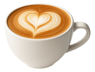 A cup of cappuccino with a heart-shaped latte art design on the creamy froth.