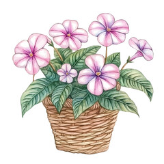 A Vinca Flower Basket, watercolor painting vector, isolated on a white background.