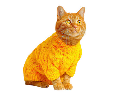 Orange cat wearing yellow knitted sweater, sitting isolated on transparency background, cozy and adorable pet fashion, autumn style, bright clothing, cute animal portrait