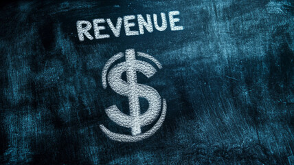 Chalkboard with the word 'revenue' and a dollar sign drawn.