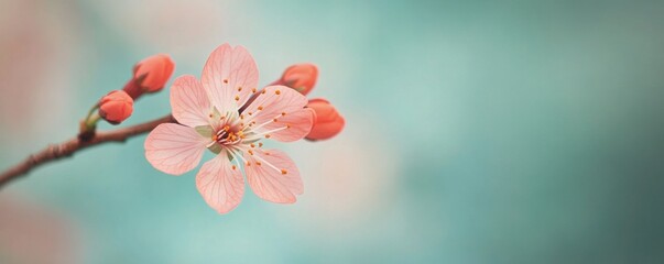 Delicate peach blossom unfurling with the promise of spring radiating hope against a soft teal