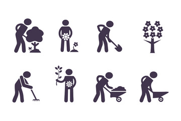 Silhouettes of people gardening. vector set of men and women planting, watering, digging, and taking care of plants and flowers.
