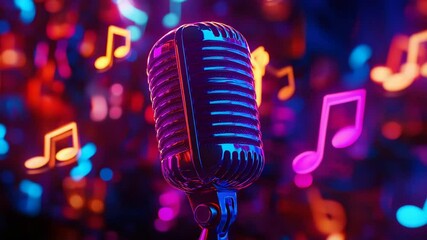 Retro microphone in vibrant neon music scene - Powered by Adobe