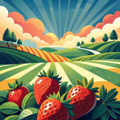 Strawberry field at sunrise with dramatic sky and rays