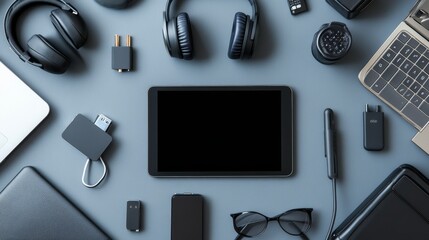 Stylish workspace setup with tablet, headphones, keyboard, and various digital accessories on gray background, showcasing contemporary technology and productivity