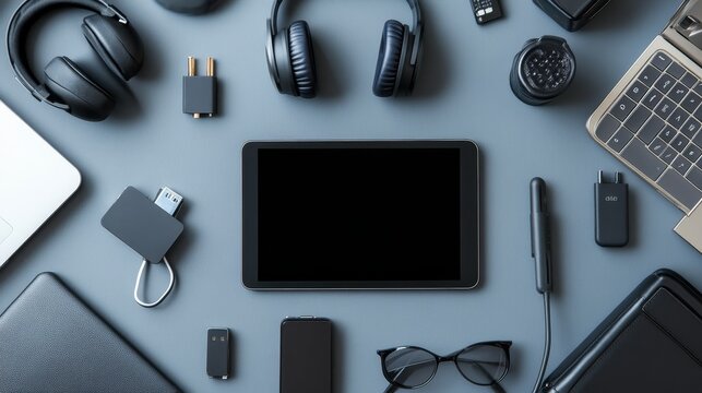 Stylish workspace setup with tablet, headphones, keyboard, and various digital accessories on gray background, showcasing contemporary technology and productivity - Powered by Adobe