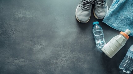 Sports shoes, water bottles, and towel arranged on gray background, representing fitness, hydration, and active lifestyle concepts with copy space