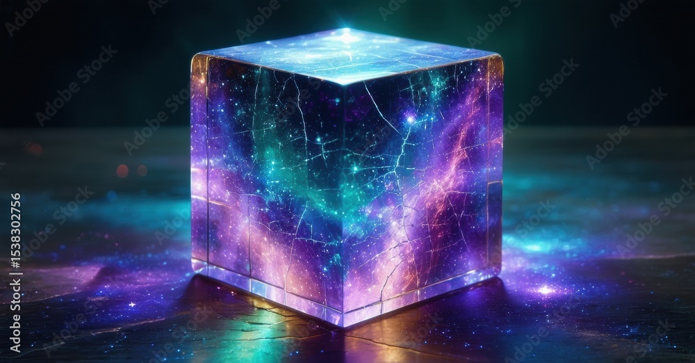 Aufkleber Glowing cube displays vibrant galaxy inside. Deep blues, purples dominate, creating cosmic effect. Light emanates from within.