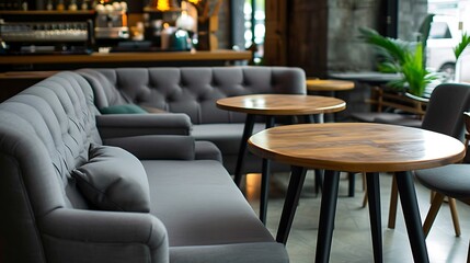 Gray upholstered sectional sofa and round wooden tables in a modern cafe.