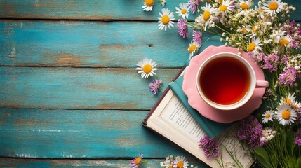 Cup of tea on book with wildflowers bouquet on turquoise wooden background, creating cozy atmosphere for reading and relaxation