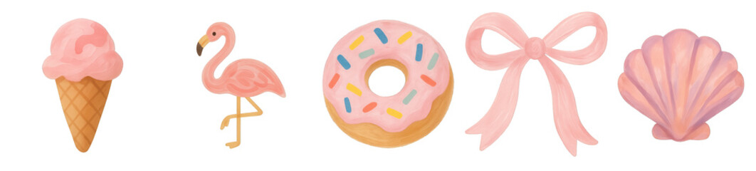 Obraz premium PNG Cute pink icons: ice cream, flamingo, donut, bow, shell element set on transparent background.