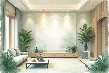 Fototapeta premium Watercolor painting in green and beige of a luxurious modern style home living room.