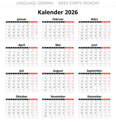 GERMAN calendar 2026 year. Vector illustration Germany (germanic kalender)