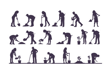 Silhouettes of workers performing outdoor tasks with tools. vector set of people digging, sweeping, raking, spraying, and cleaning.