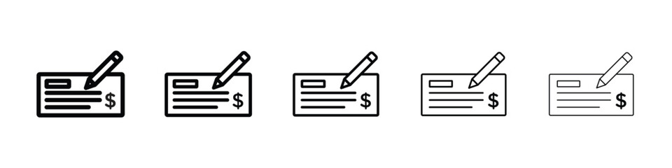 Money check icons in black stroke designs on white background