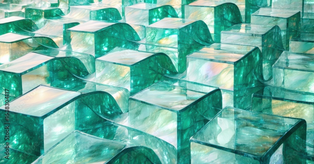 Poster abstract turquoise cubes create textured wall. light reflects, forming complex patterns, suggesting 
