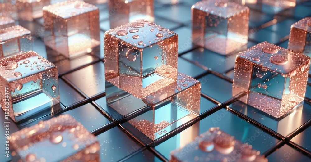 Poster cubes, translucent material, water droplets, grid pattern. reflections create abstract, futuristic v